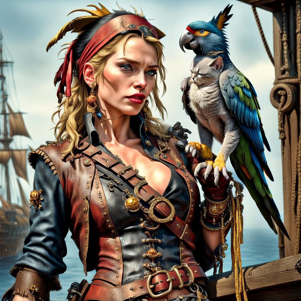 Fierce Female Pirate with Cat and Parrot