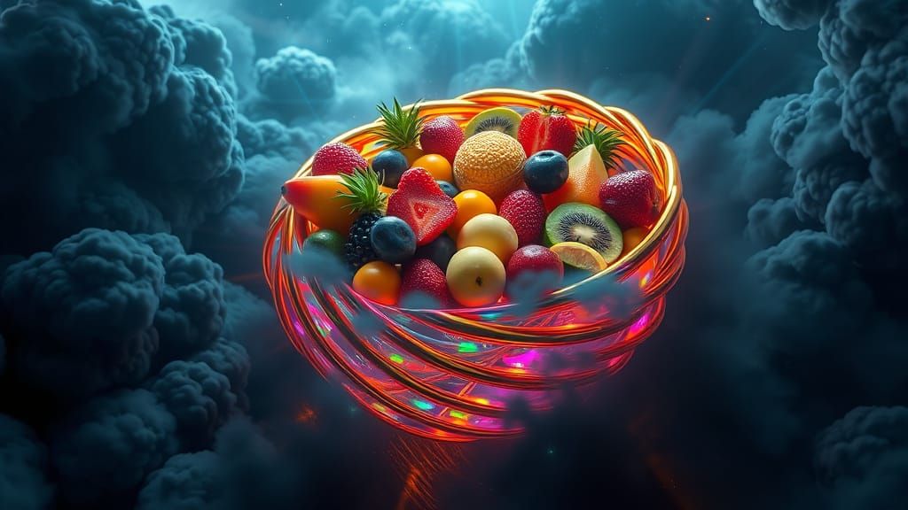 Fruit Salad in Fractal Bowl with Bioluminescent Colors