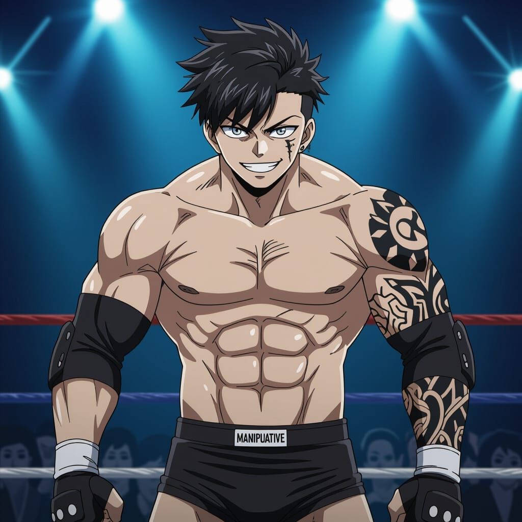 Anime Wrestler with Tattoo Sleeve and Mischievous Smile