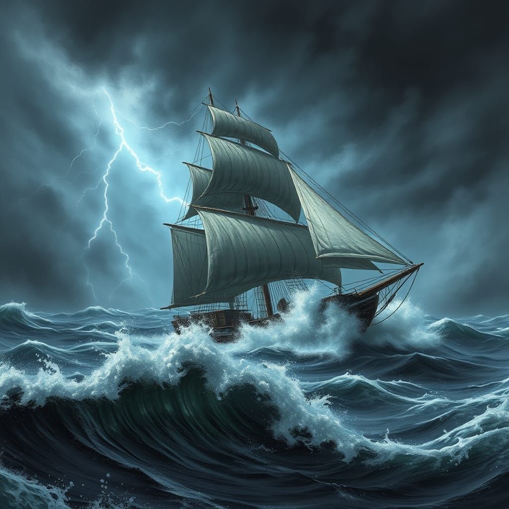 Schooner in Lightning Storm: Dramatic Engraving Style