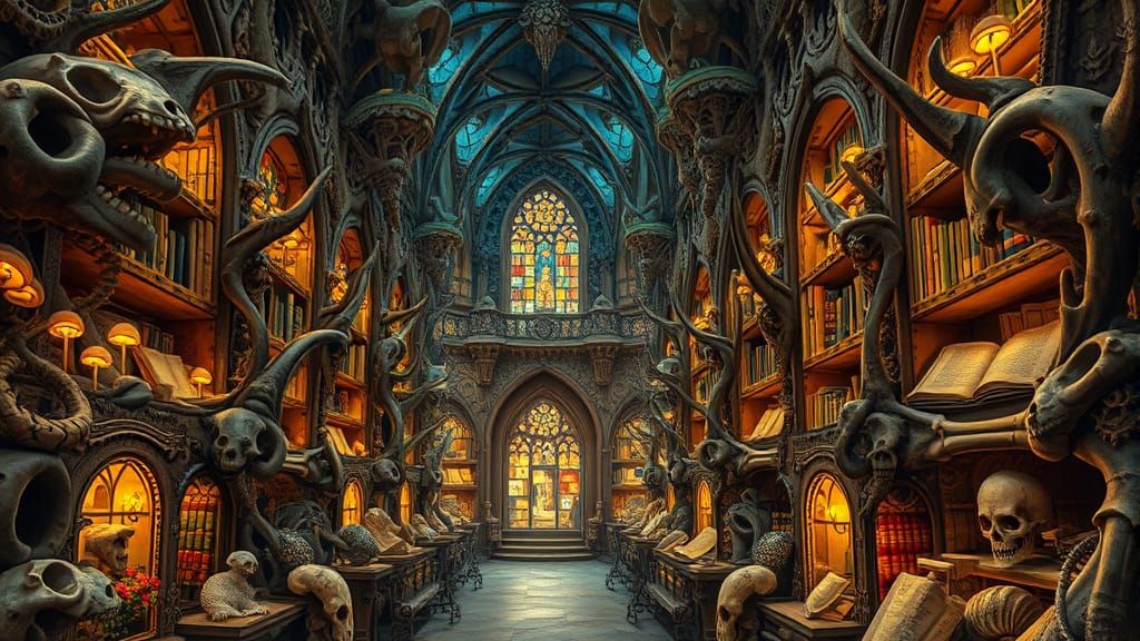 Surreal Bone Library with Bioluminescent Fungi