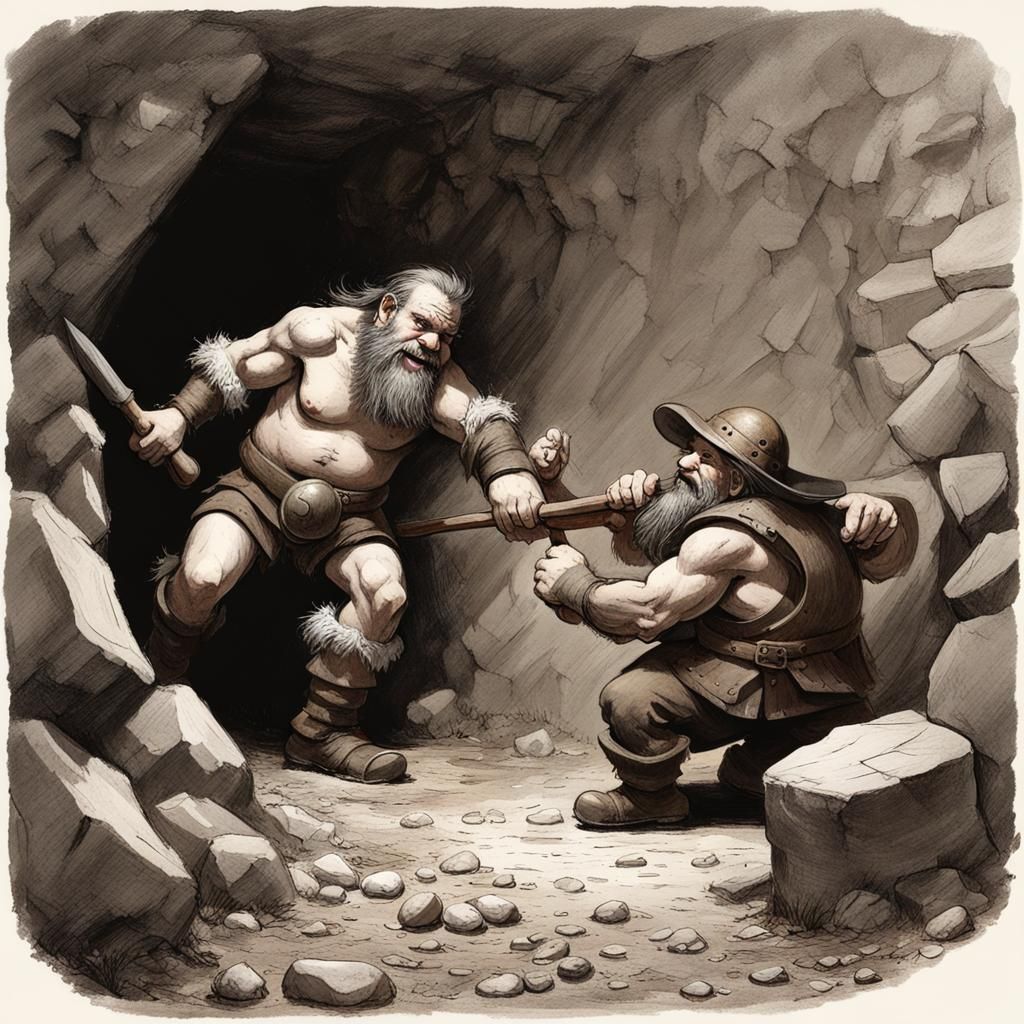 Dwarf Miner and Troll in Mineshaft, Fantasy Art
