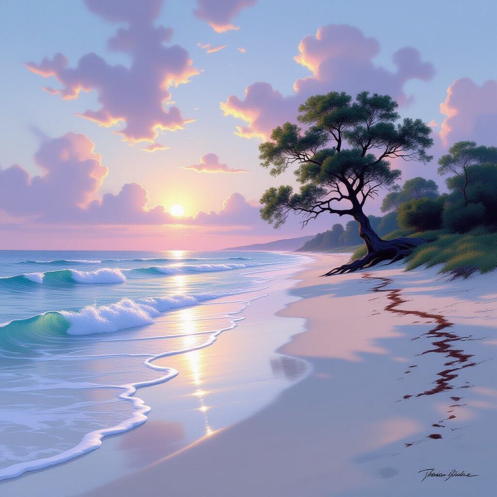 Serene Landscape with Gentle Waves and Pastel Sky