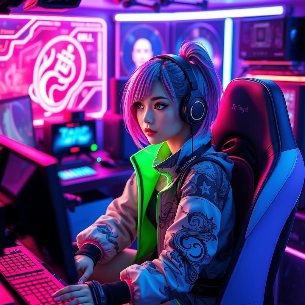 Sleek Gamer Girl in Neon Futuristic Setup