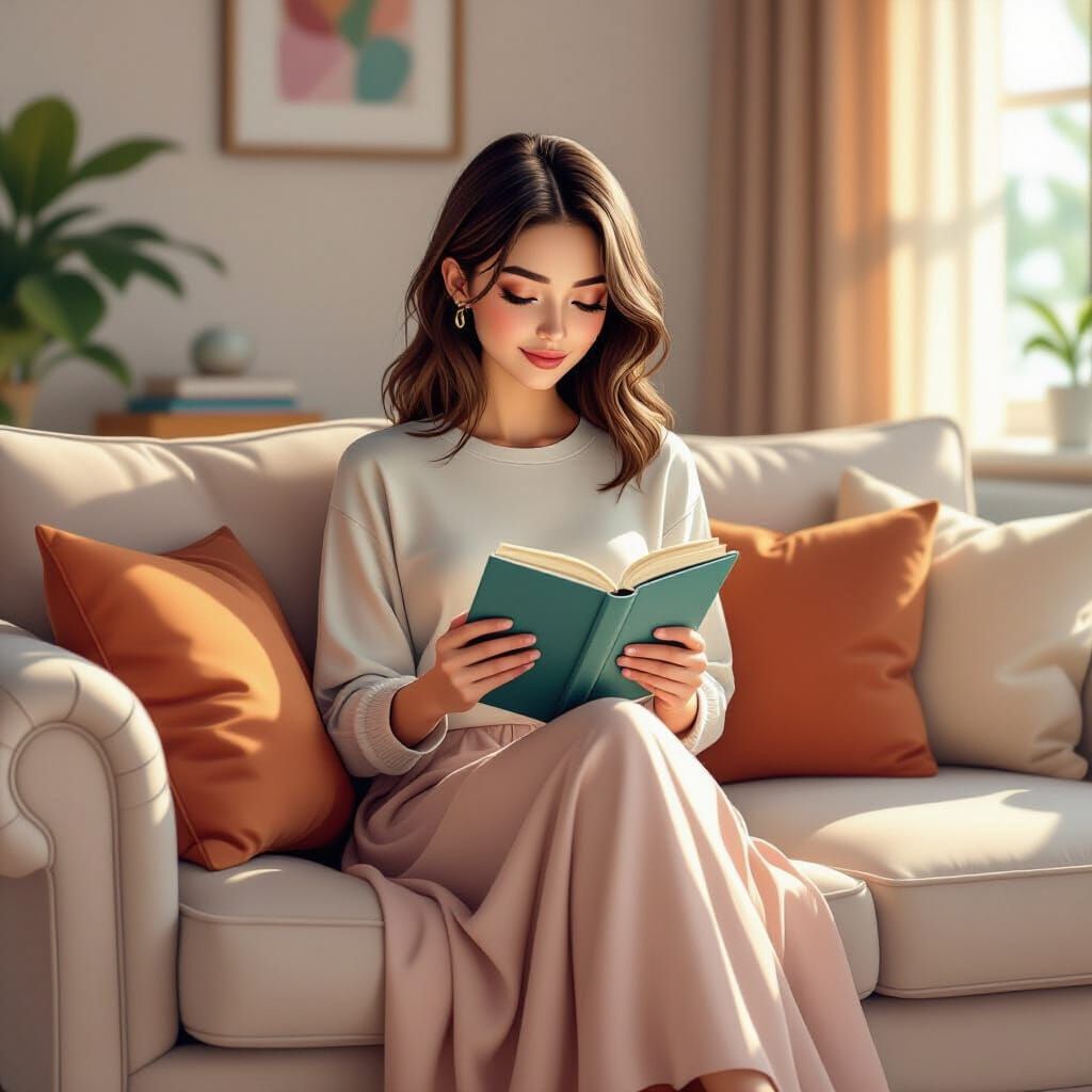 Young Woman Reading on Sofa in 3D Cartoon Style