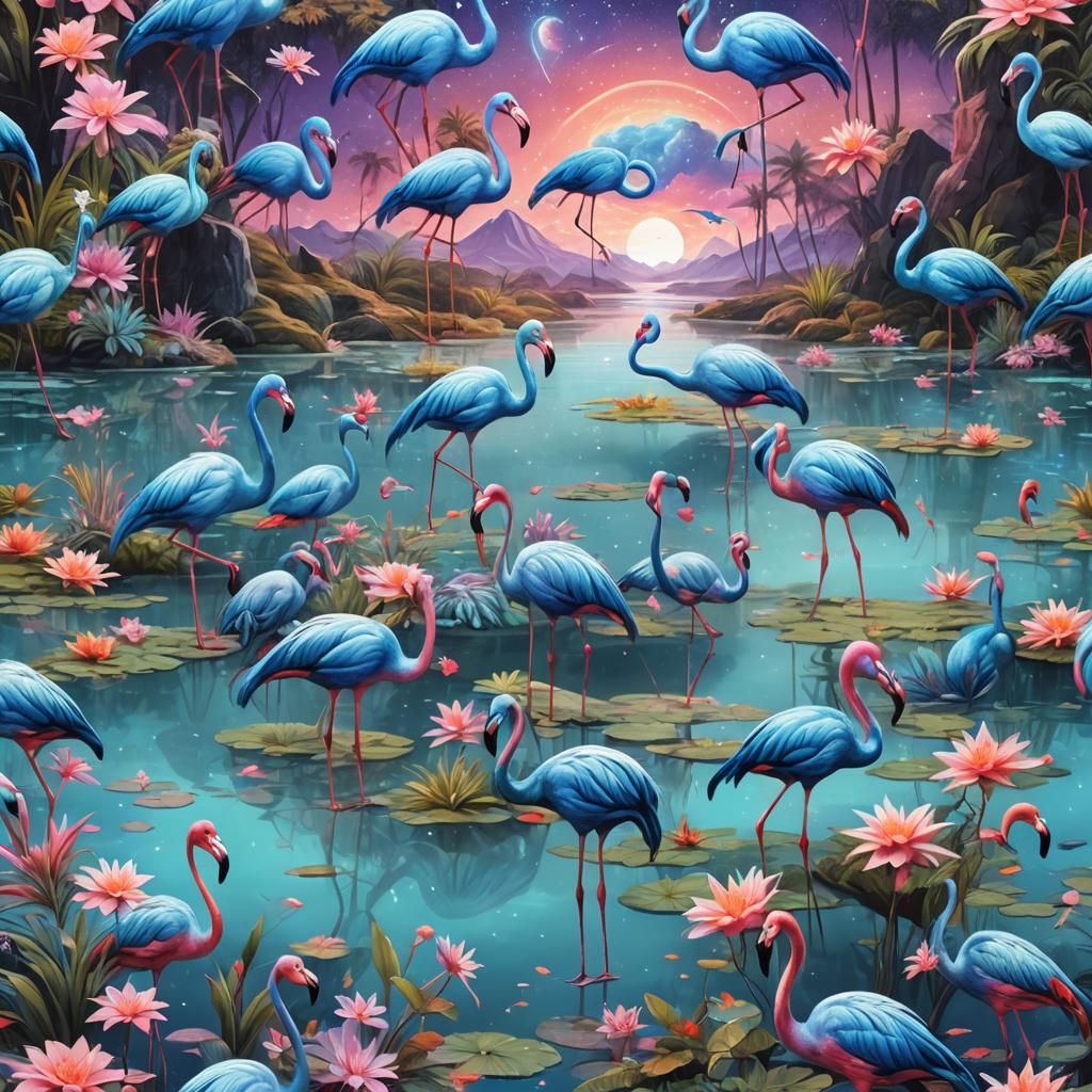 Blue Flamingos in Azure Lake: Cosmic Illustration