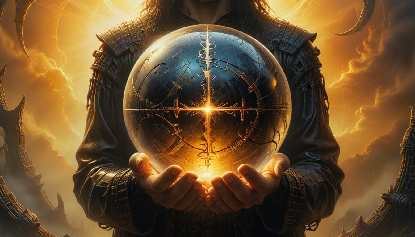 Eerie Figure Holding Sphere in Surreal Oil Painting