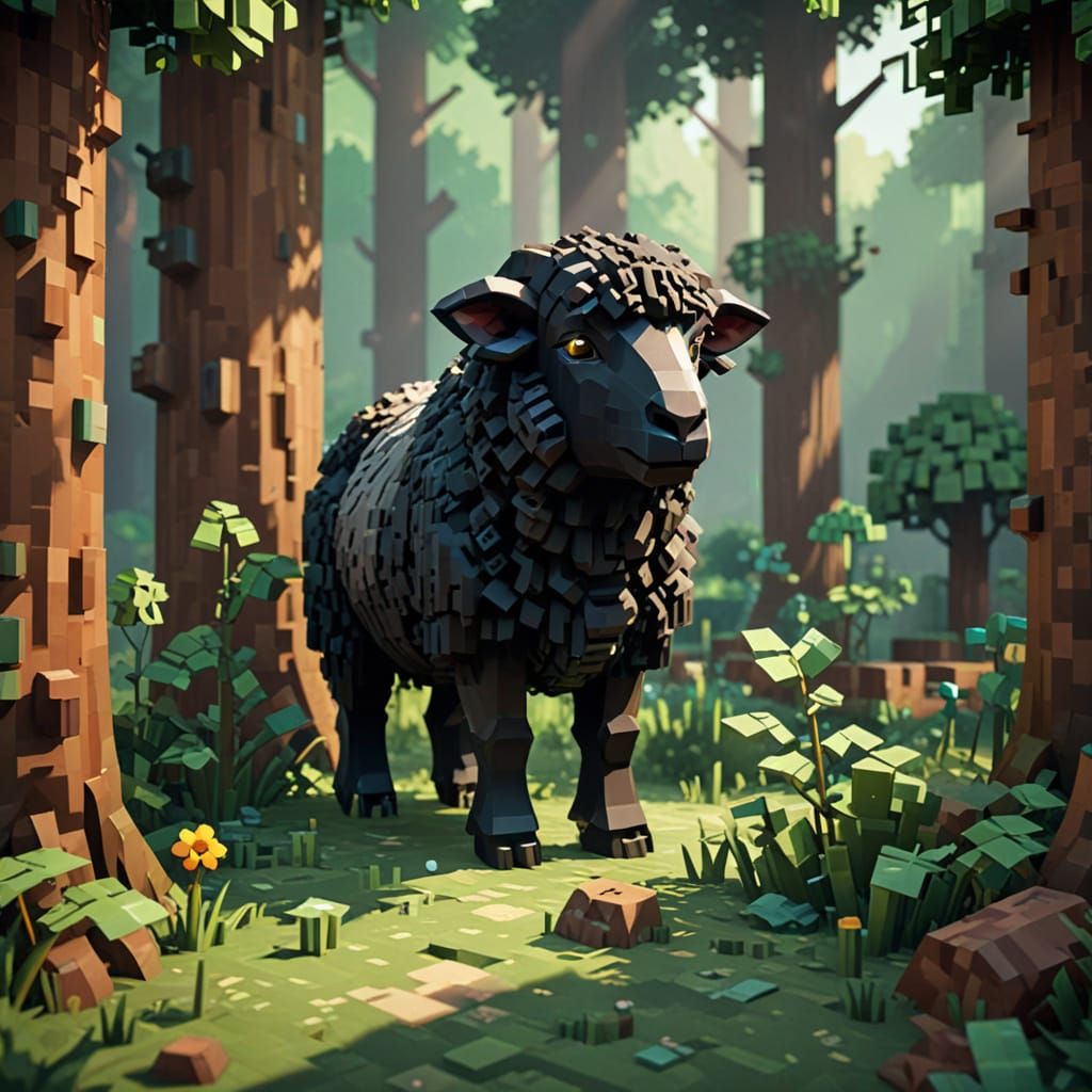 Pixelated Black Sheep in Forest Landscape