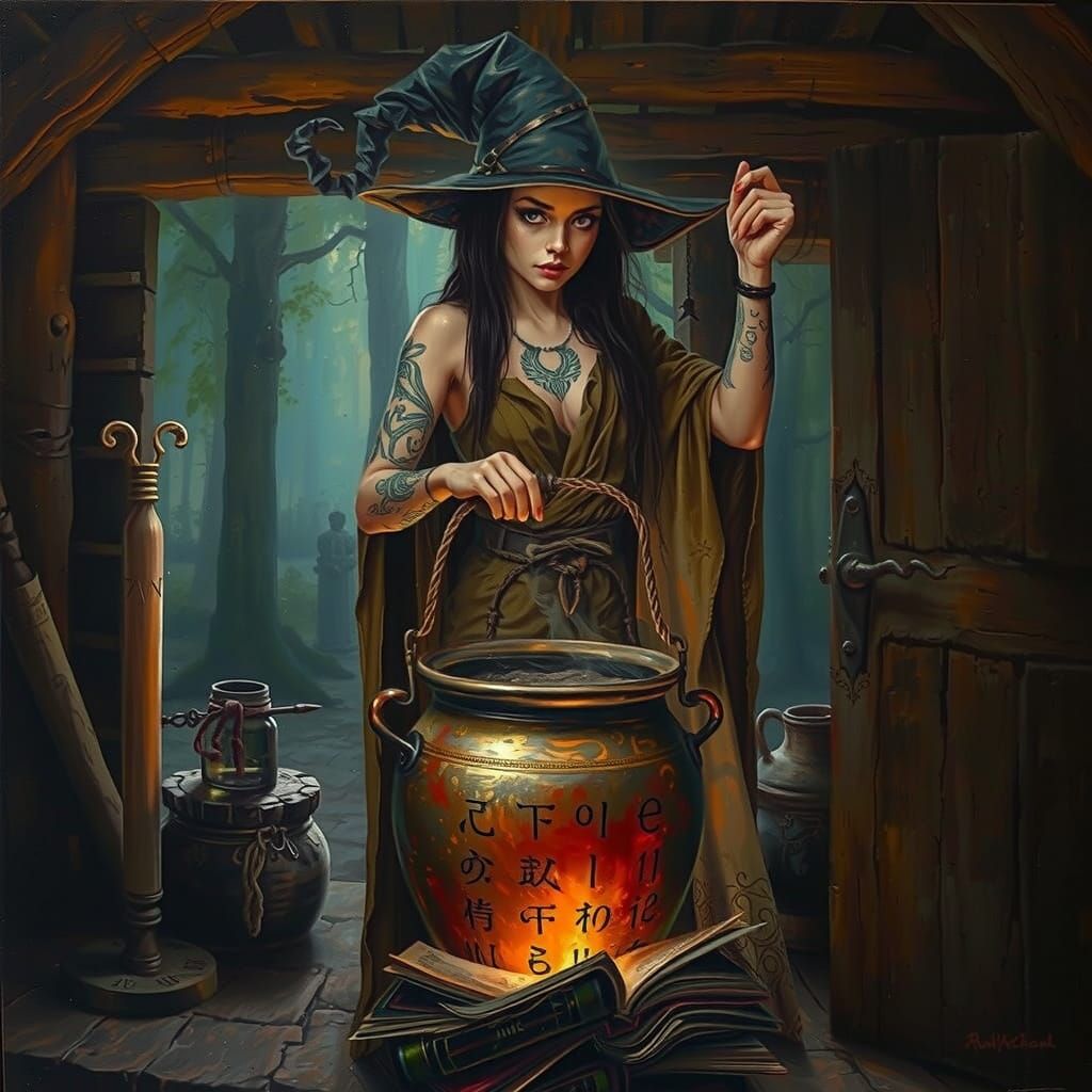 Mystical Witch Conjured in Sfumato Oil Painting