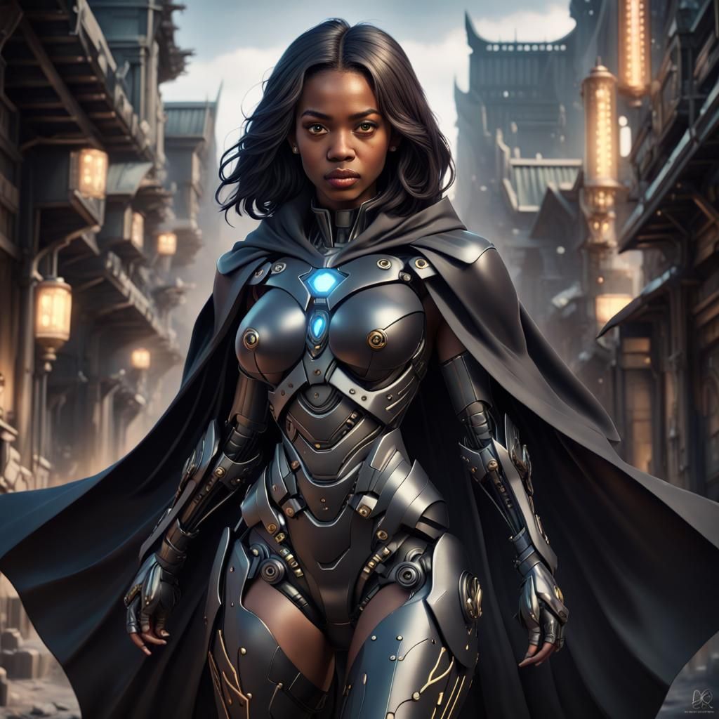 Dark Female Superhero in Anime Nanobot Mech Armor