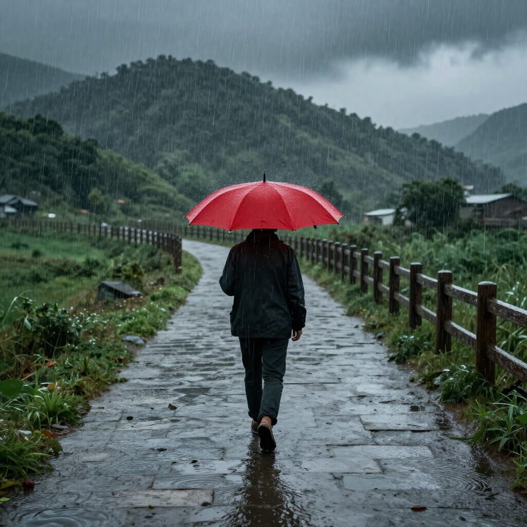 Person with Red Umbrella in Heavy Rain on Stone Path