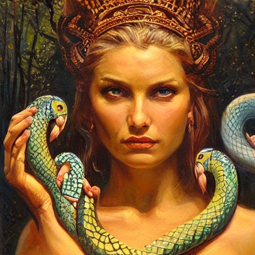 Goddess with Snakes in Oil Painting Style