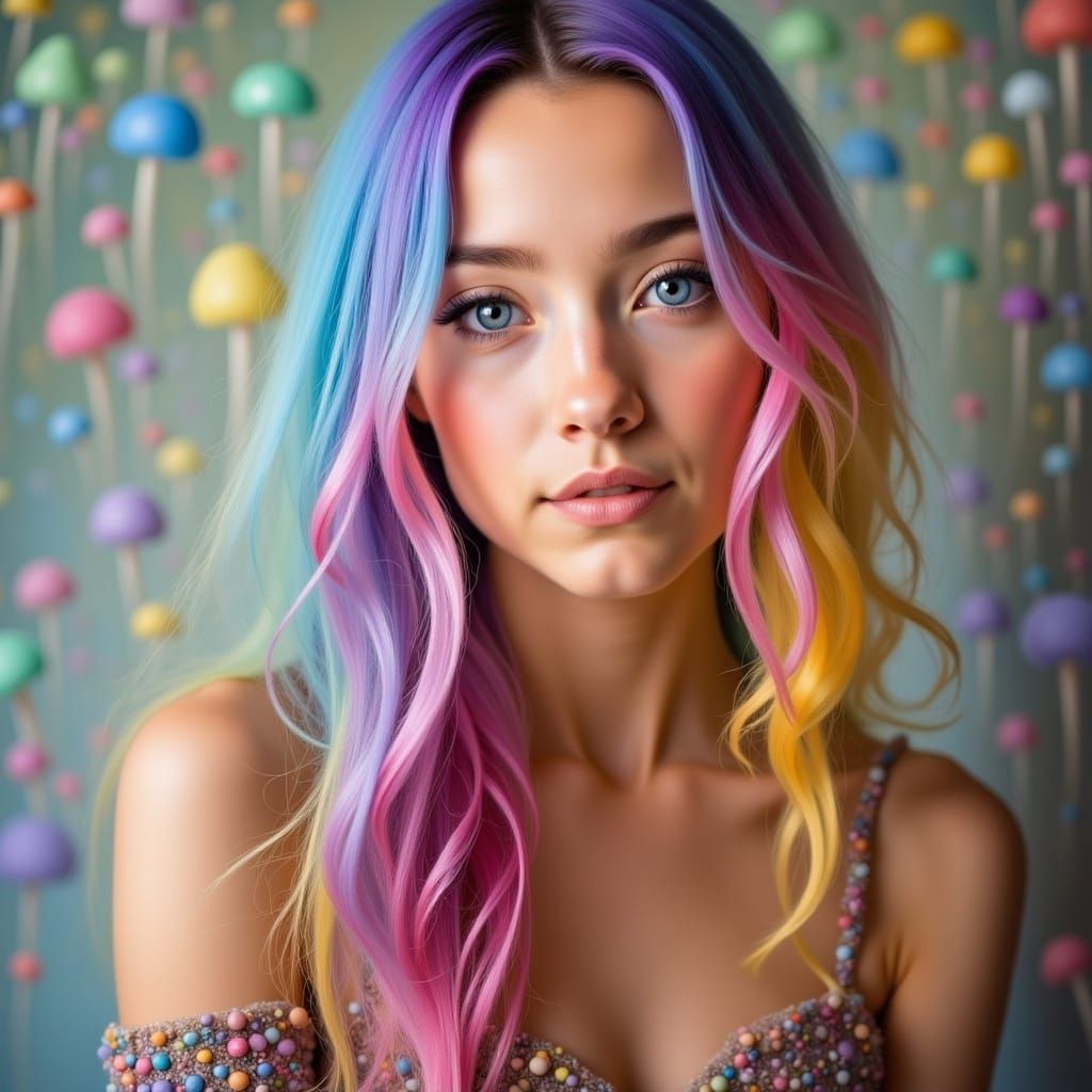 Radiant Woman with Pastel Rainbow Hair in Whimsical World