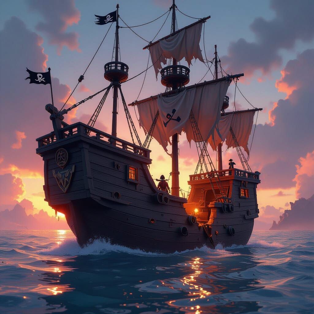 Sinking Pirate Ship with Ripped Flags in 3D Anime Style