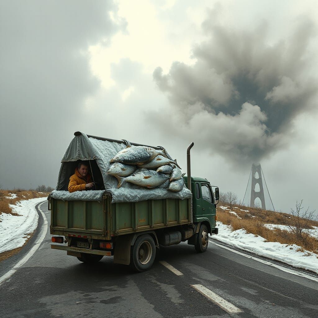 Fish Truck on Misty Road: Surrealist Dreamscape