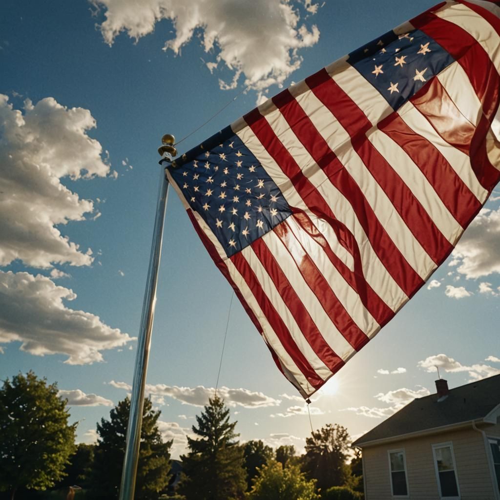 American Flag Waving in Sunny Backyard
