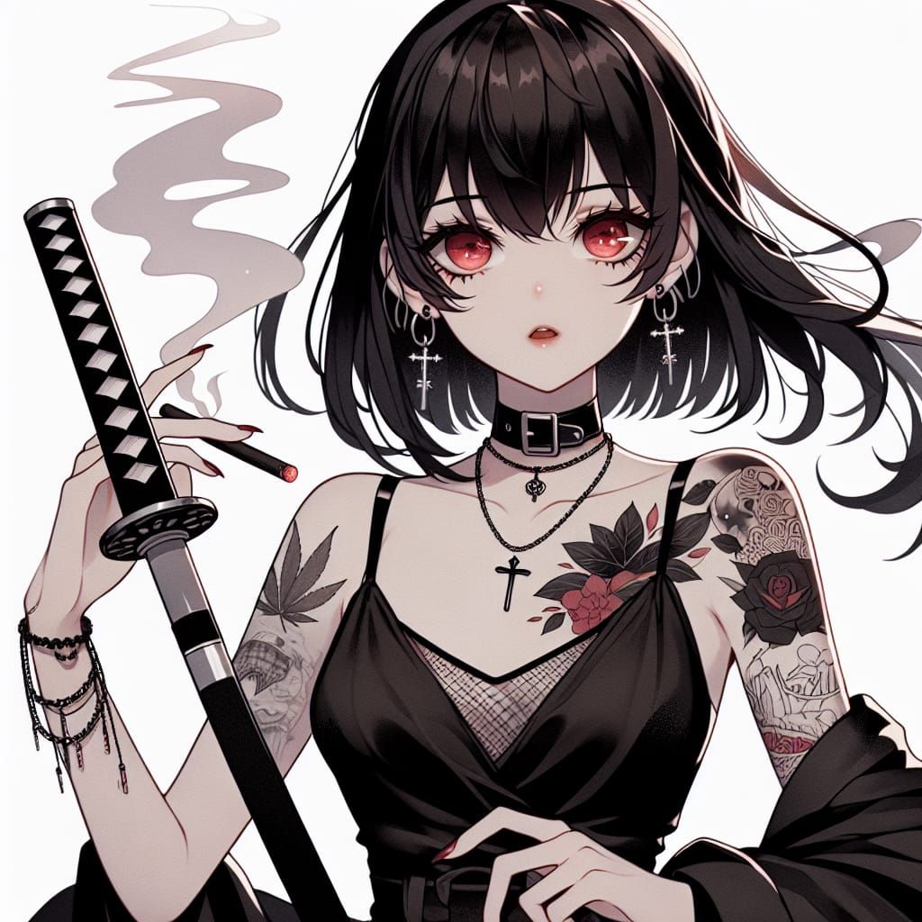 Anime Girl with Katana and Tattoos in Romantic Style