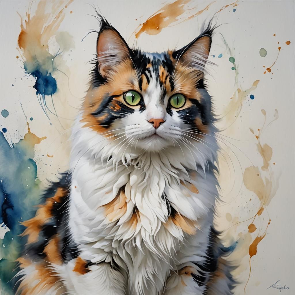 Ethereal Calico Cat Illustration in Classic Style