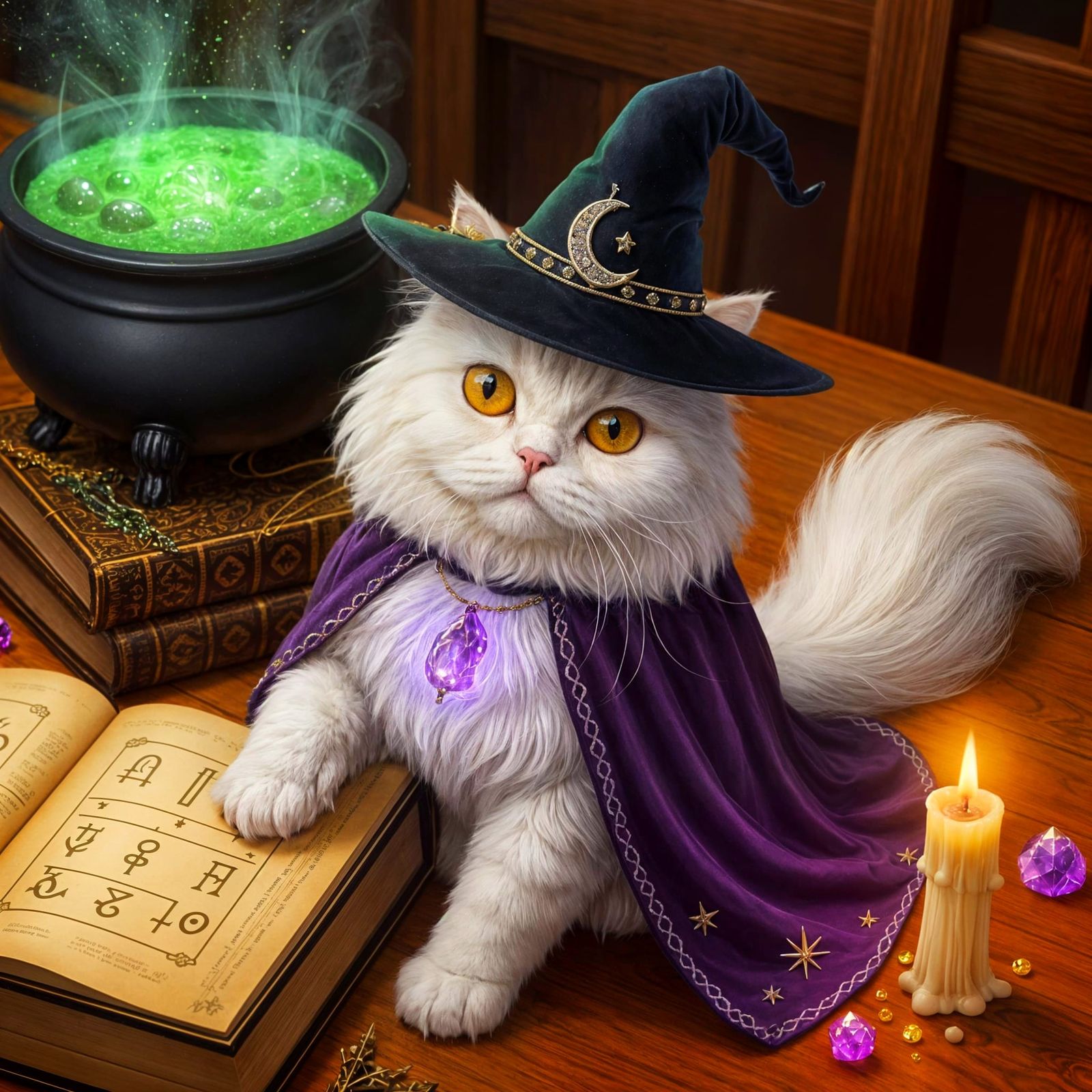 Majestic Witch Cat on Spellbooks in Magical Glow