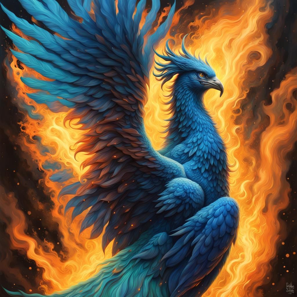 Blue Phoenix Rising in a Sea of Green Flames