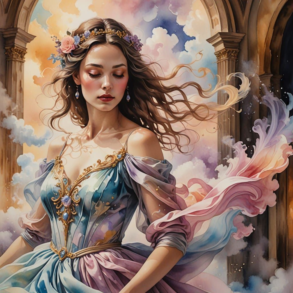 Dreamlike Watercolor Painting in Soft, Iridescent Hues