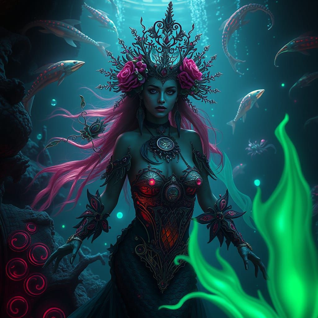 Gothic Mermaid in Bioluminescent Underwater Realm