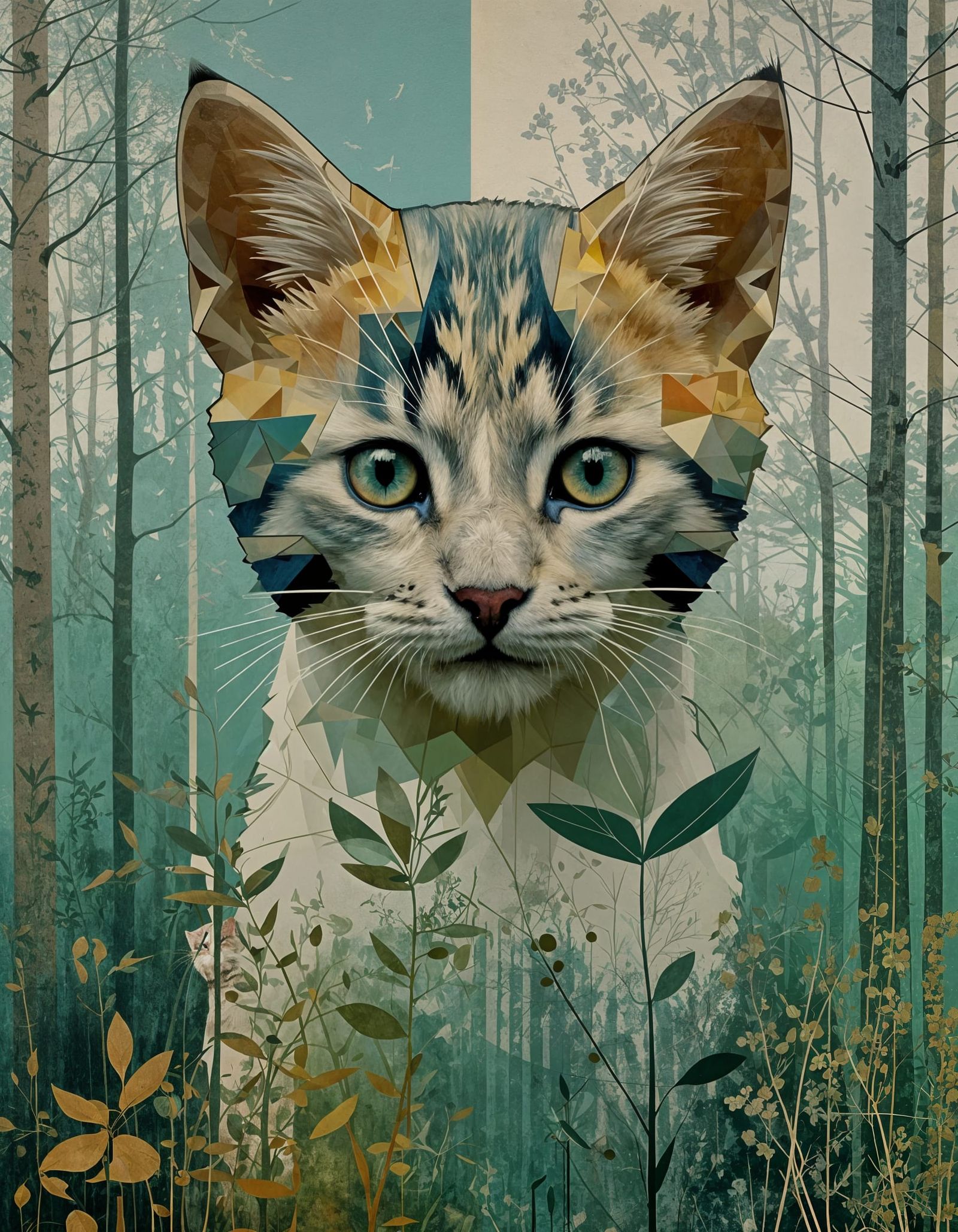 Fragmented Kitten Portrait in Geometric Shapes