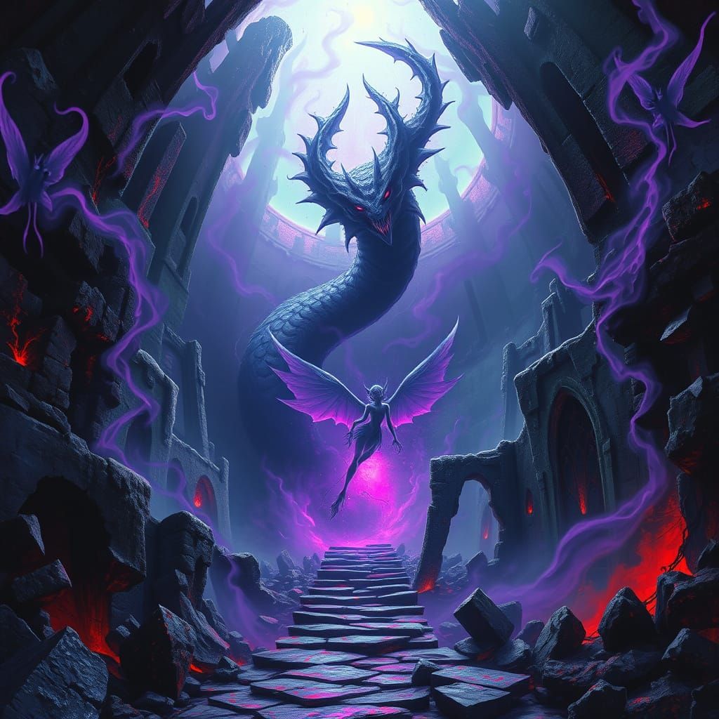 Dark Fantasy Castle Scene with Twisted Fairies and Serpentin...