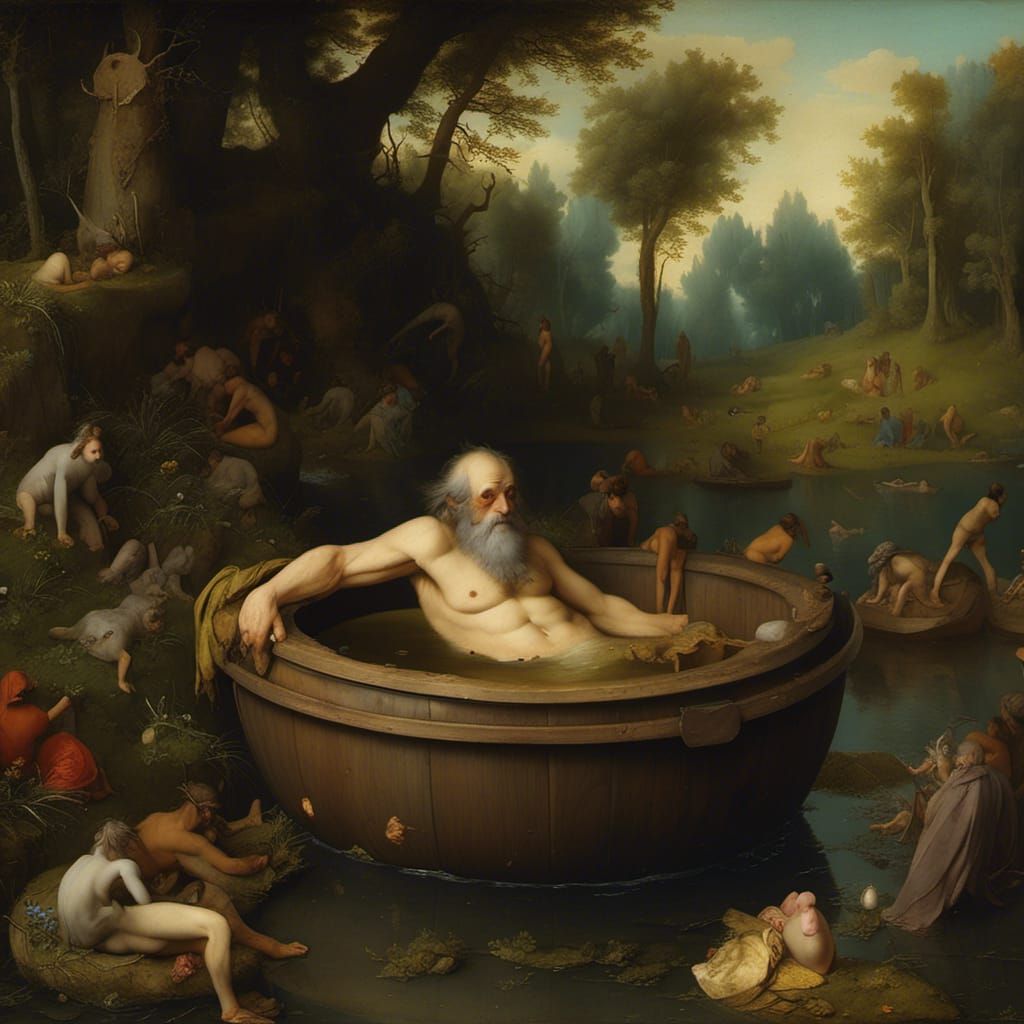 Diogenes in Tub: Impressionist Oil Painting