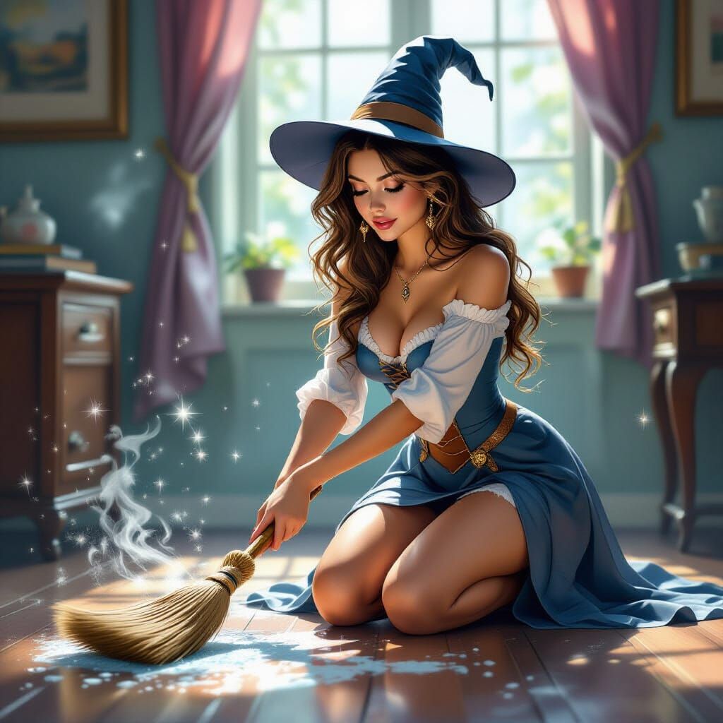 Sorceress Commands Broom to Clean in Splash Art Style