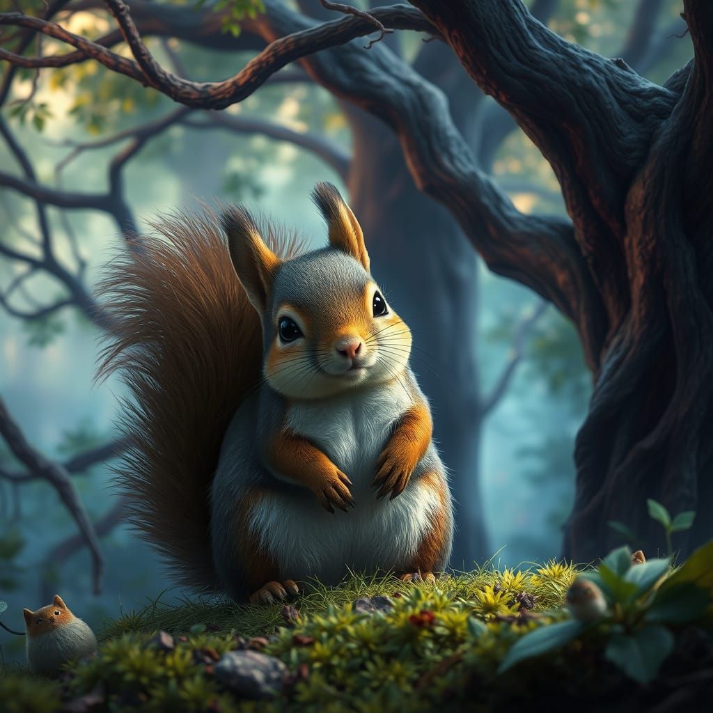 Enchanted Forest Squirrel in Mythical Landscape