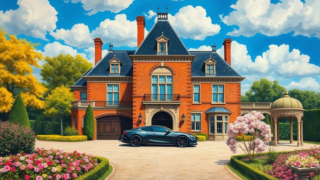 Grand Chateau with Supercar in Vibrant Garden