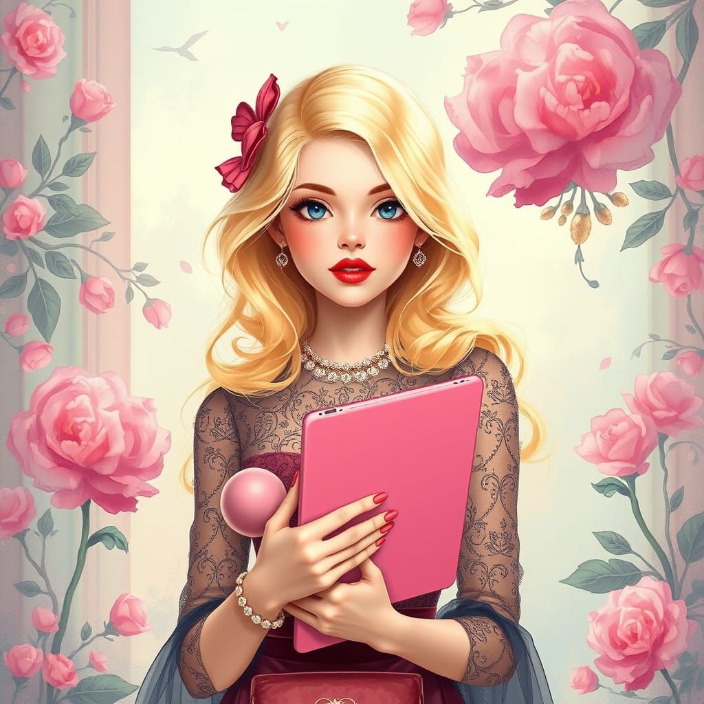 Blonde Woman with Tablet in Art Nouveau Style