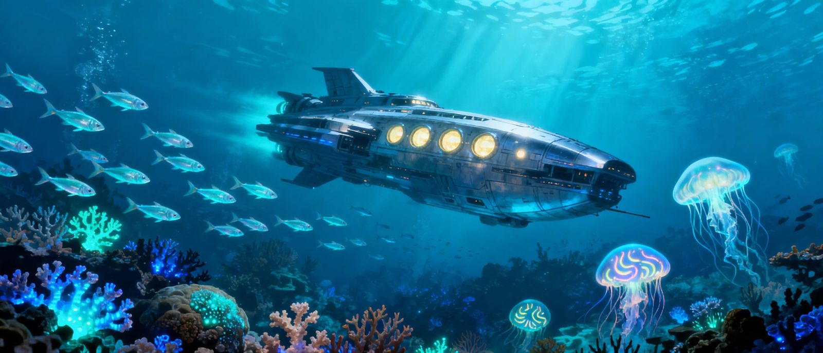 Blue Underwater Spaceship Art