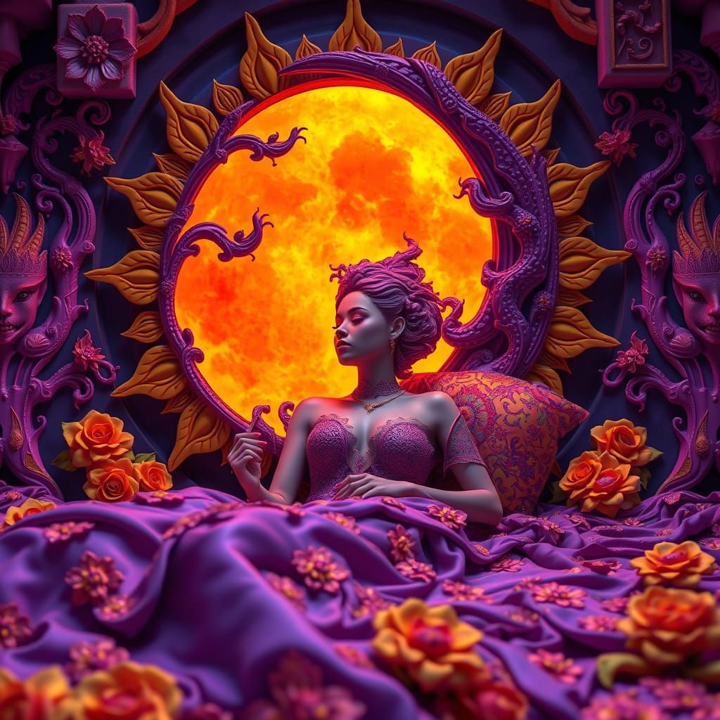 Surreal, Highly Detailed Woman in Vibrant, Artisanal Bed