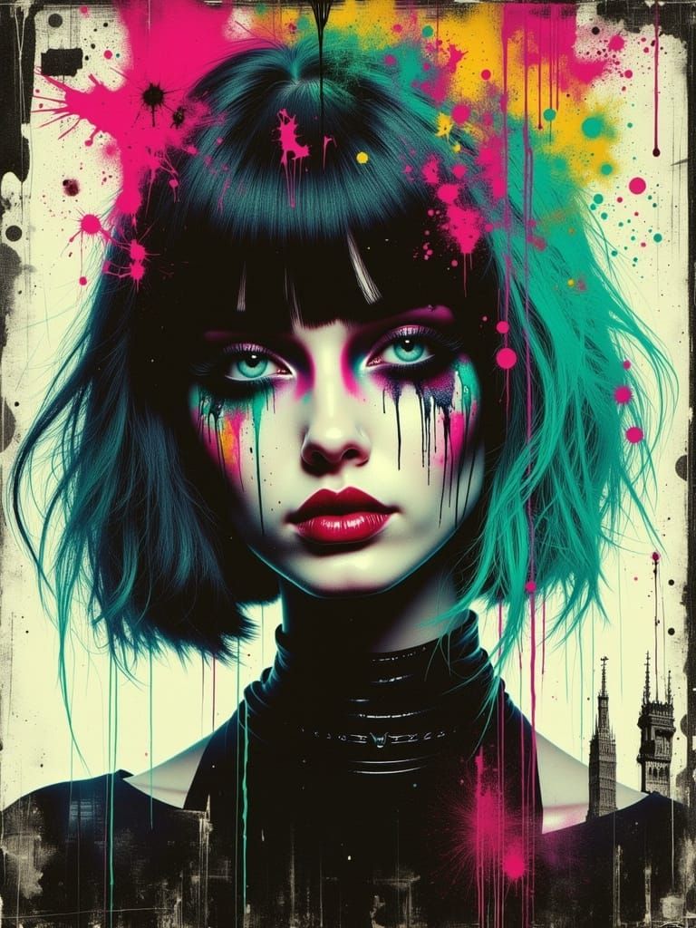Colorful Gothic Portrait in Grunge Tattoo Style