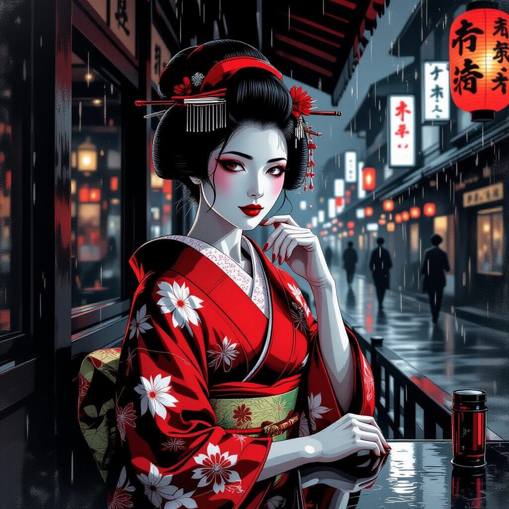 Monochrome Geisha Portrait in Red Kimono, Noir Style