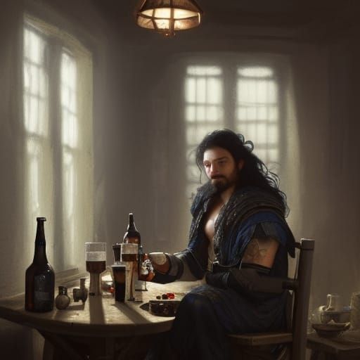 Fantasy Warrior Drinks Beer in Tavern, Detailed Art