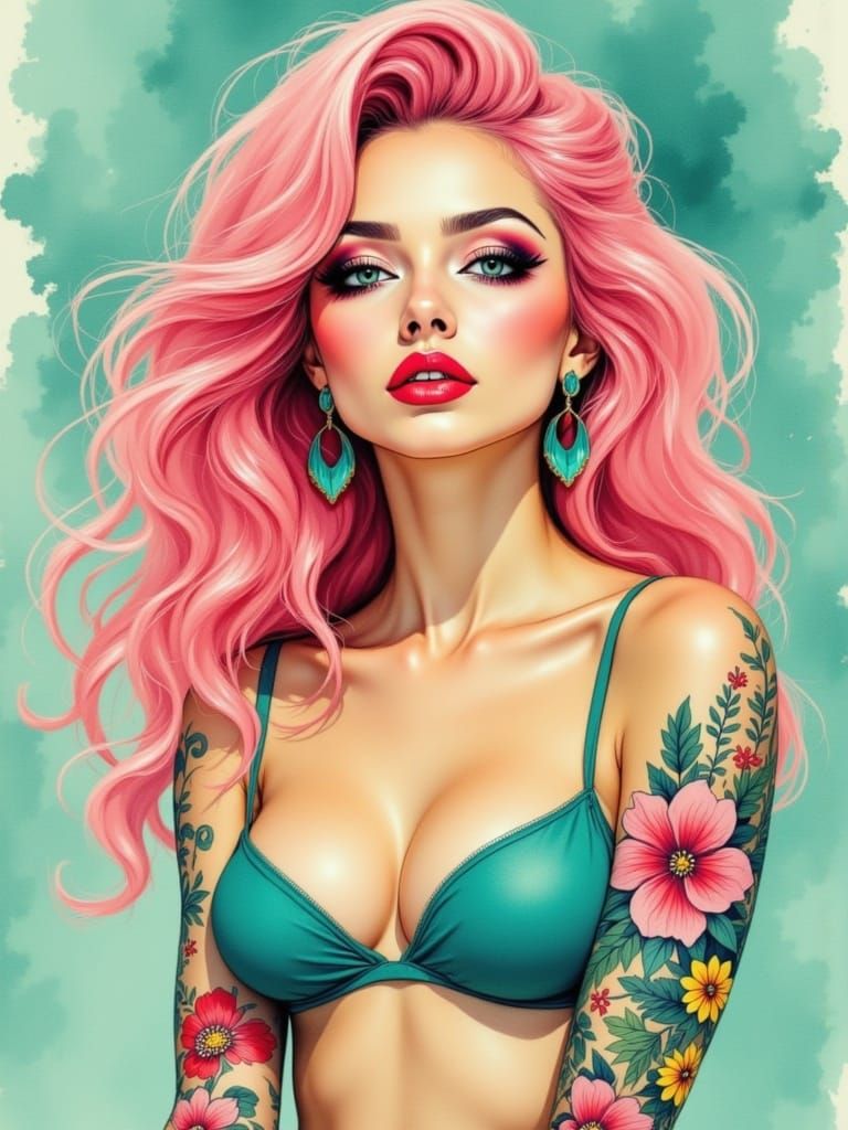 Vibrant Pin-Up Portrait with Floral Tattoos