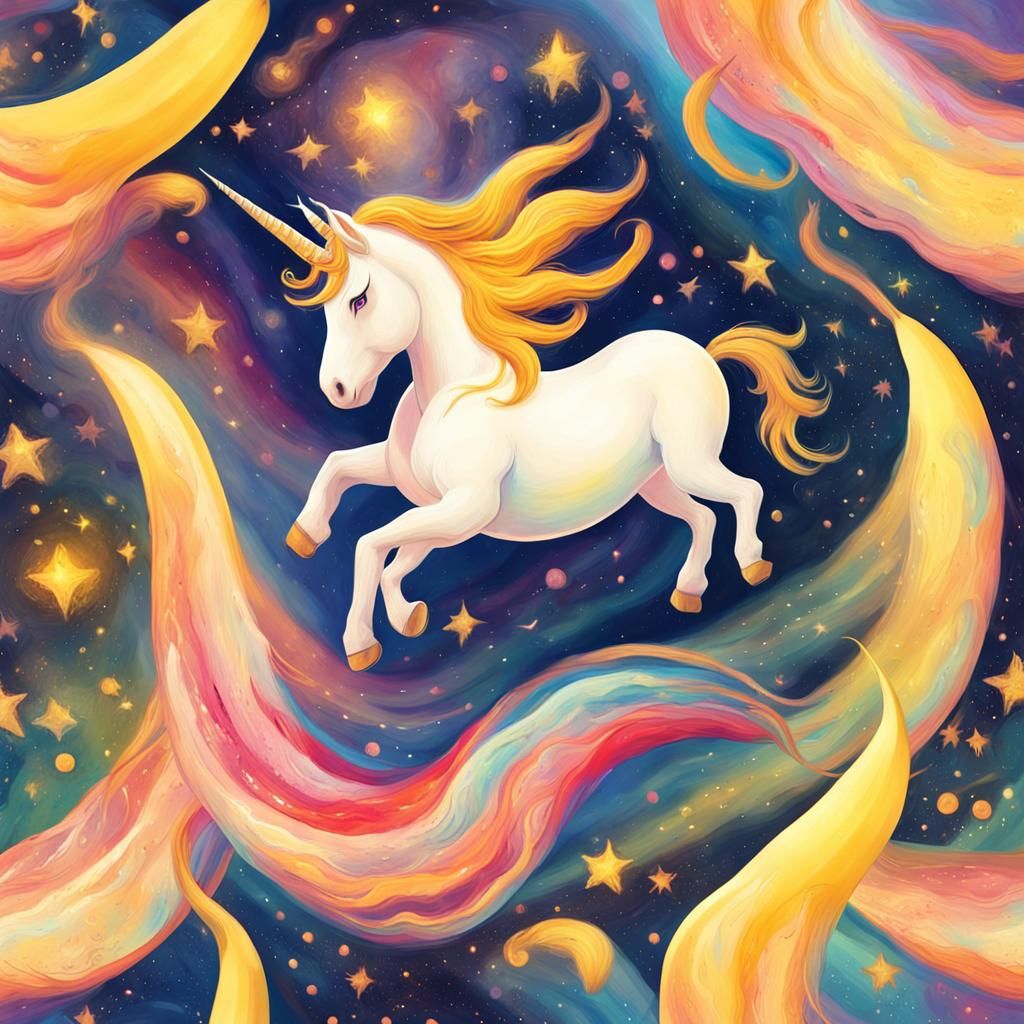 Unicorn Dancing on Banana in Chagall Style