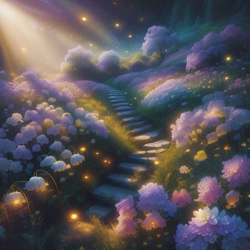 Glowing Flower Landscape in Sun-Drenched Meadow