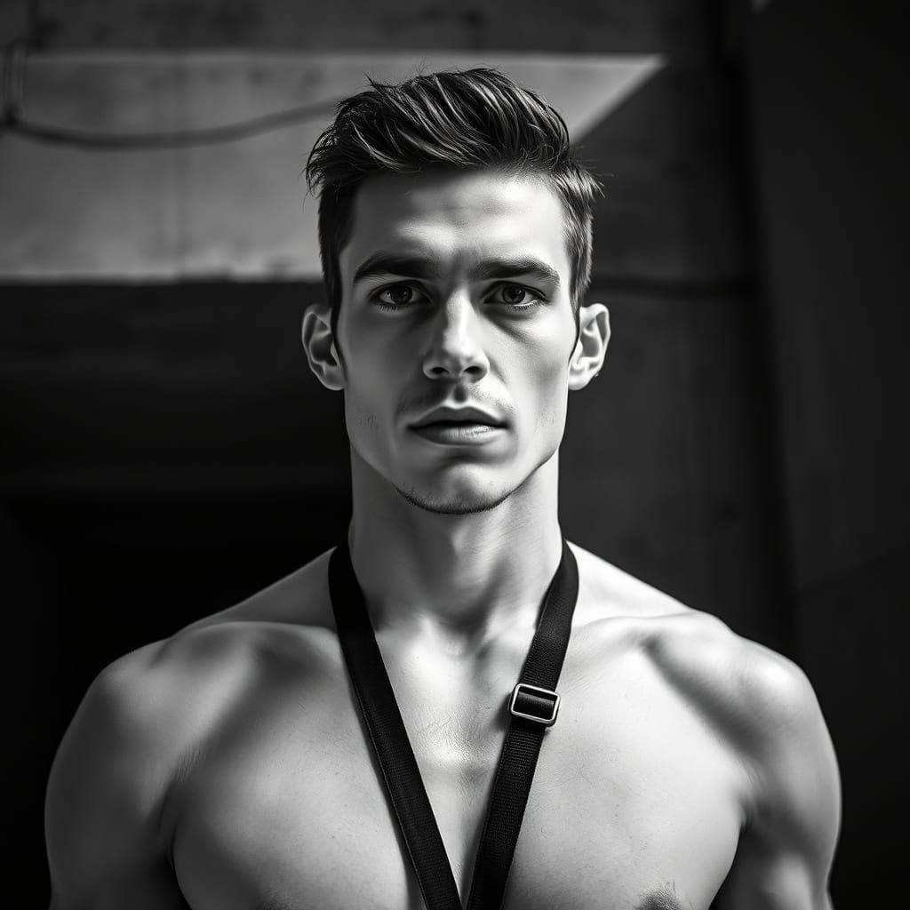 Monochrome Portrait of Handsome Man in Brutalist Setting