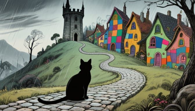 Black Cat in Gothic Town, Pen and Ink Style