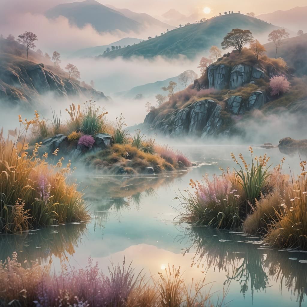 Dreamlike Landscape with Misty Hills in Pastel Hues