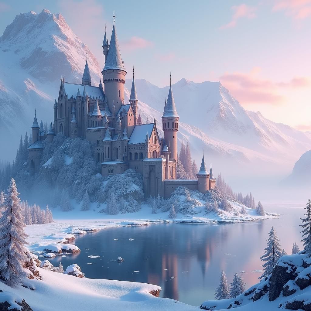 Majestic Winter Castle in Pink Light, Matte Painting