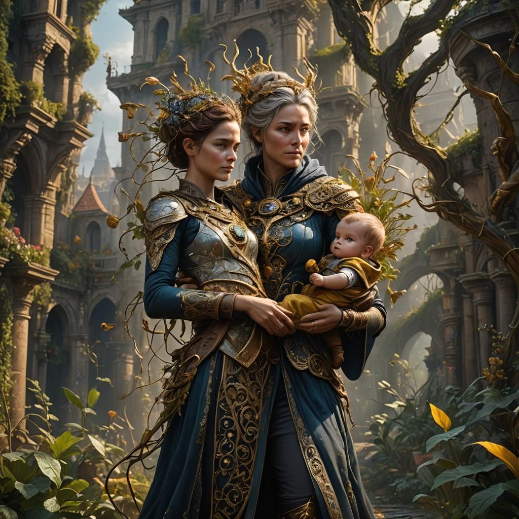 Woman and Child Entwined with Plants in Gold and Silver