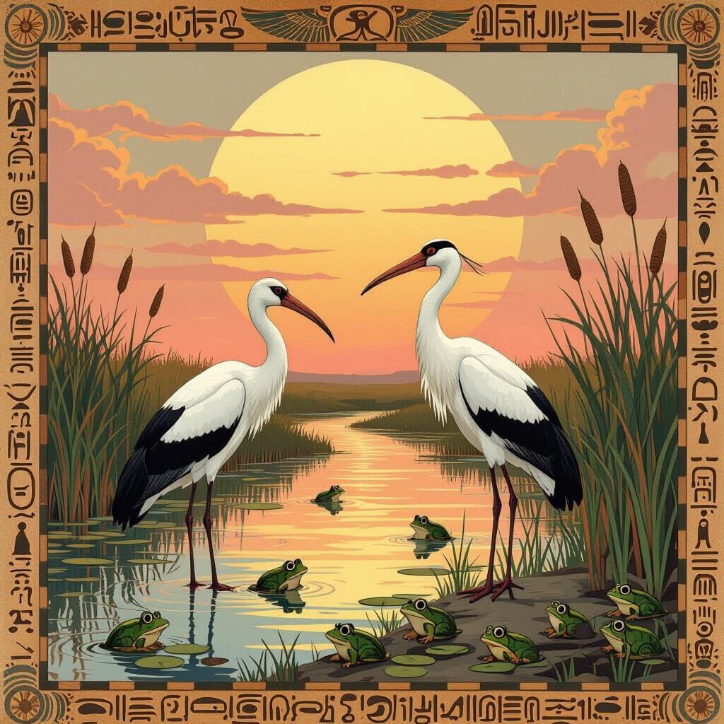 Ibis and Stork in Ancient Egyptian Fresco Style