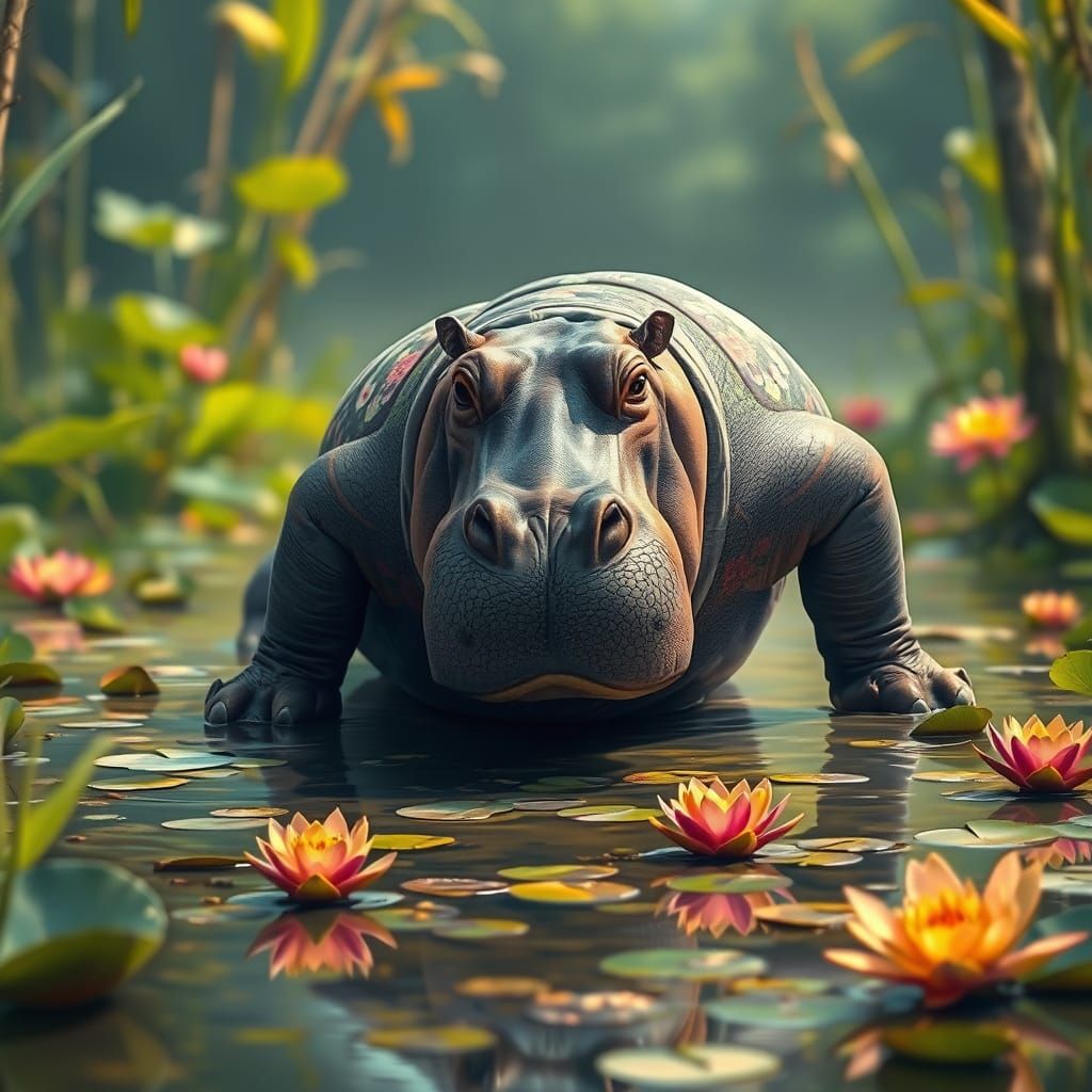 Hippo Fitness: Push-Ups in a Lush Swamp, Digital Art