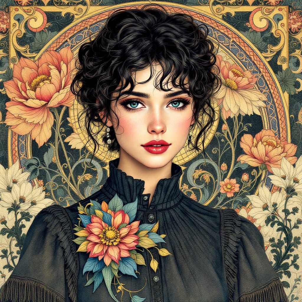 Elegant Art Nouveau Portrait in Vibrant Watercolor