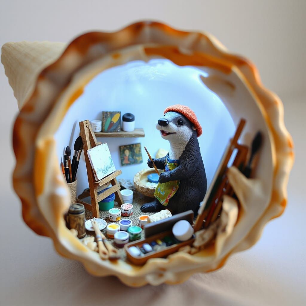 Otter Artist Studio in Seashell Diorama